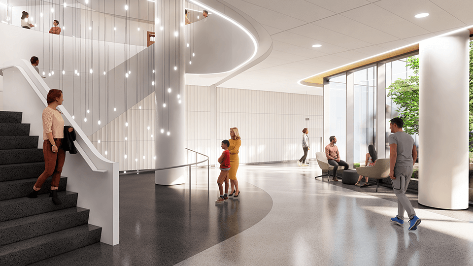 An interior rendering of the UPMC Presbyterian expansion north entry stairwell.